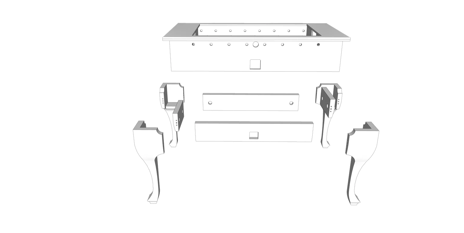 Ilustração provisória da mesa de pebolim Milão desmontada, com estrutura e pernas separadas